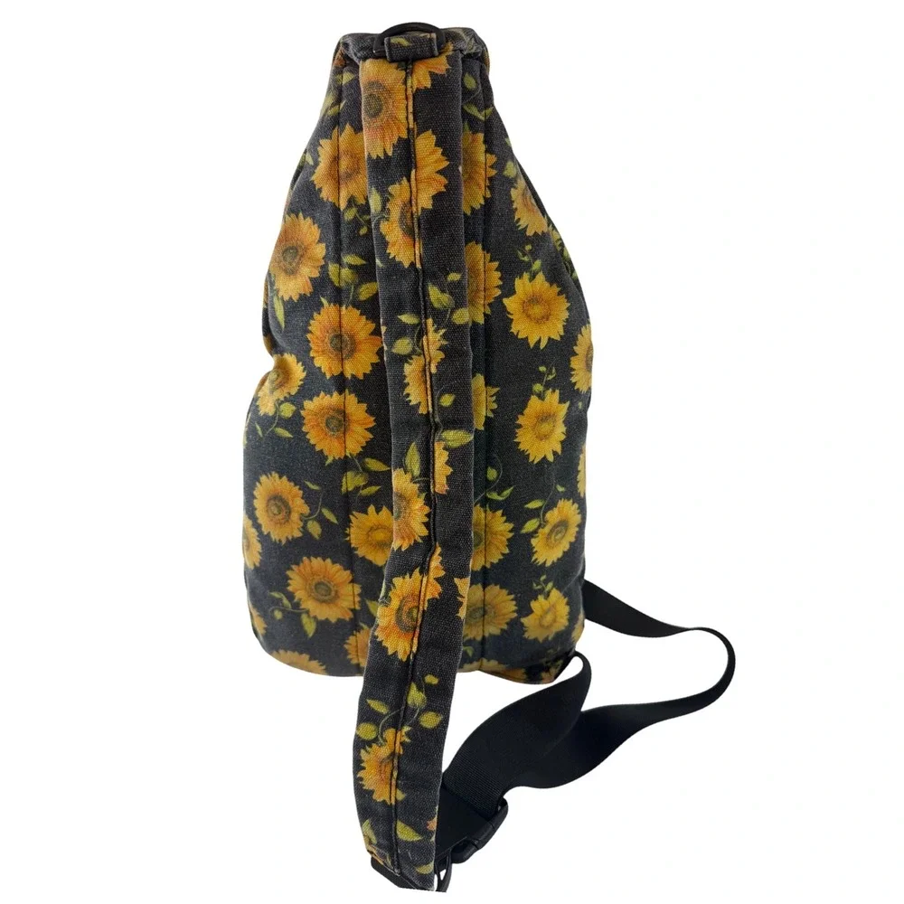 Sunflower Canvas Sling Backpack Black Yellow Floral Crossbody Shoulder Bag